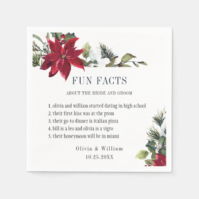 Elegante Watercolor Poinsettia FUN FACTS Wedding Serviette (Vorderseite)