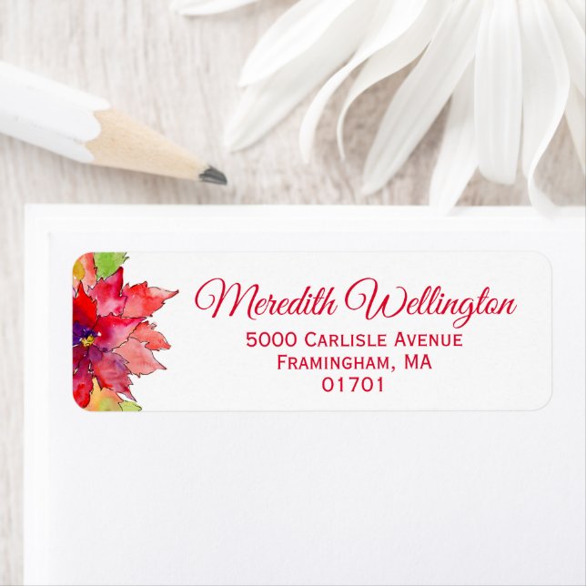 Elegante Watercolor Poinsettia Rote Rücksendeadres (Insitu)