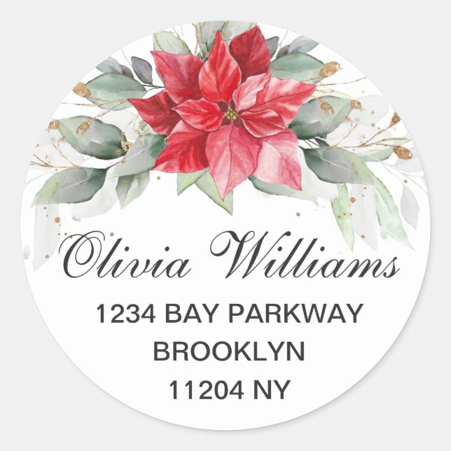 Elegante Watercolor Poinsettia Rücksendeadresse Runder Aufkleber (Vorderseite)