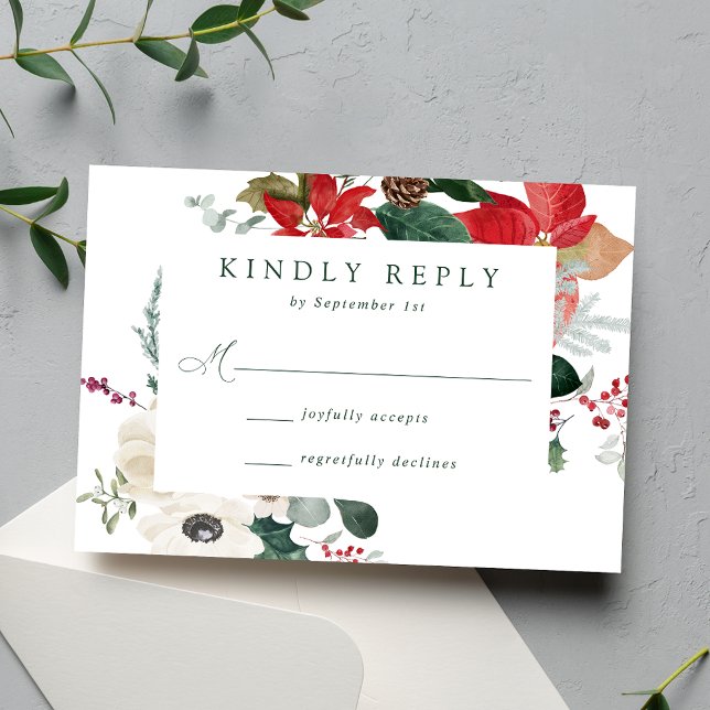 Elegante Watercolor Poinsettias Winter Wedding RSVP Karte (Von Creator hochgeladen)