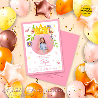 Elegante Watercolor Princess Foto Geburtstagsparty Einladung