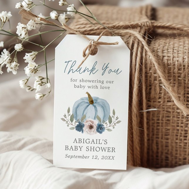 Elegante Watercolor Pumpkin Baby Shower Blue Fevor Geschenkanhänger (Von Creator hochgeladen)