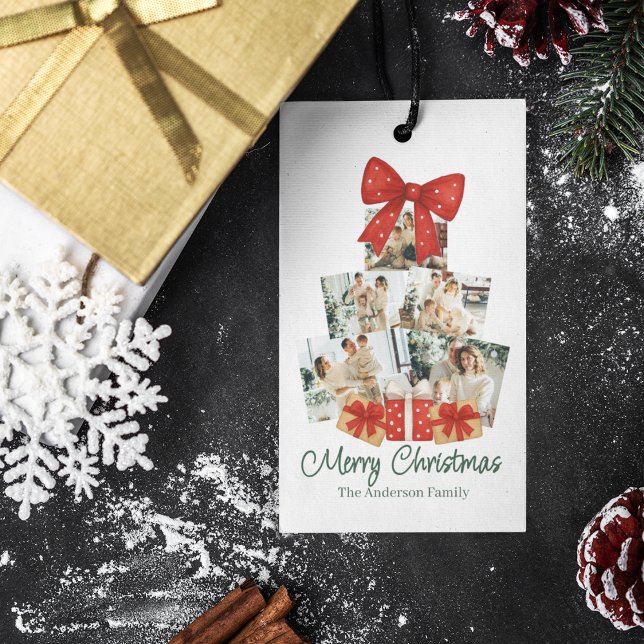 Elegante Watercolor Red Bow Familie Weihnachtsbaum Geschenkanhänger (Von Creator hochgeladen)