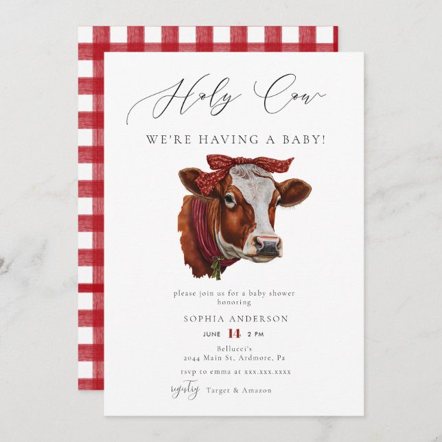 Elegante Watercolor Red Holy Cow Baby Shower Einladung (Vorne/Hinten)
