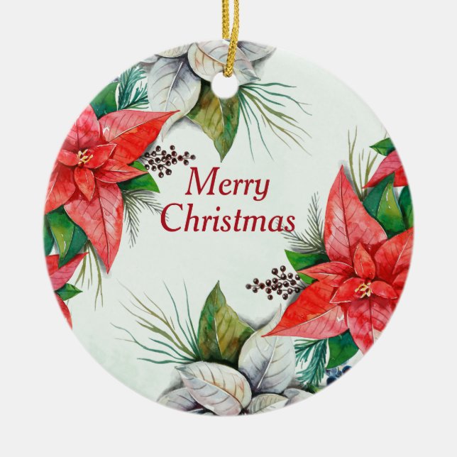 Elegante Watercolor Red Poinsettia Weihnachten Keramik Ornament (Vorne)