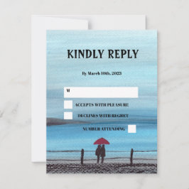 Elegante Watercolor Red Umbrella Couple Wedding RSVP Karte