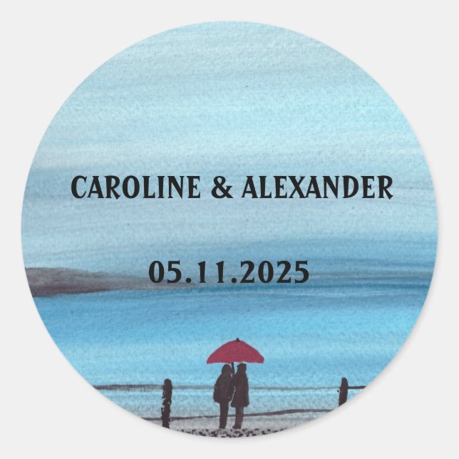 Elegante Watercolor Red Umbrella Couple Wedding Runder Aufkleber (Vorderseite)