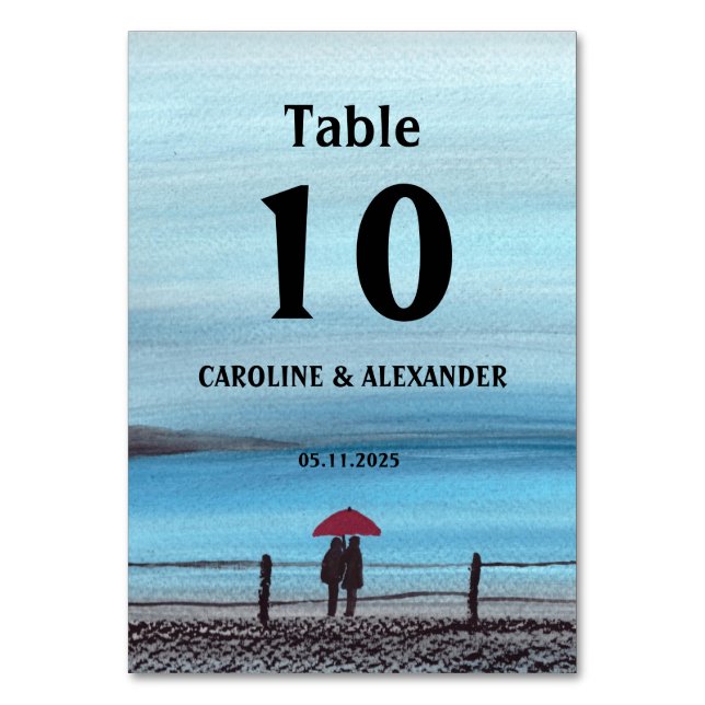 Elegante Watercolor Red Umbrella Couple Wedding Tischnummer (Vorderseite)