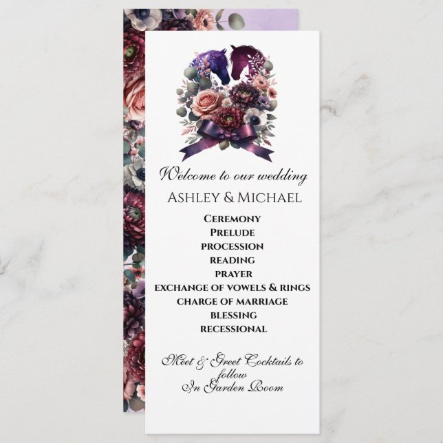 Elegante Watercolor Reitsport Hochzeit Programm (Vorne/Hinten)