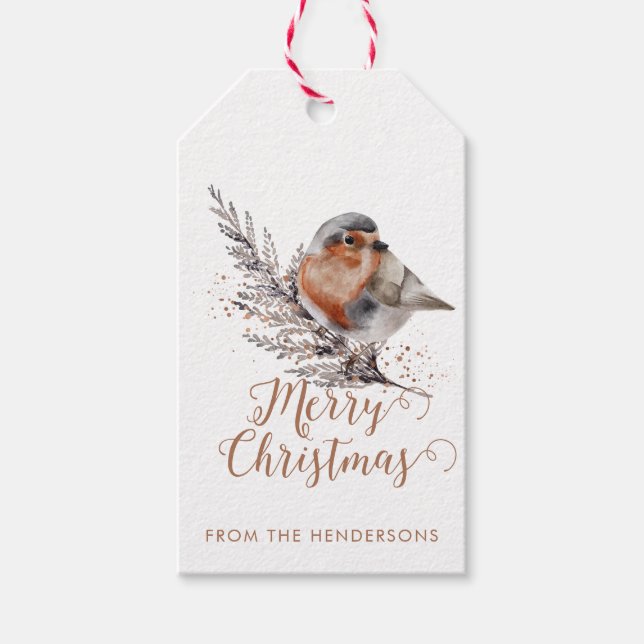 Elegante Watercolor Robin Christmas Branch Geschenkanhänger (Vorderseite)