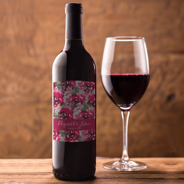 Elegante Watercolor Rosa Blume Hochzeit Weinetikett (Elegant watercolor pink flowers wine bottle labels personalized for your wedding)