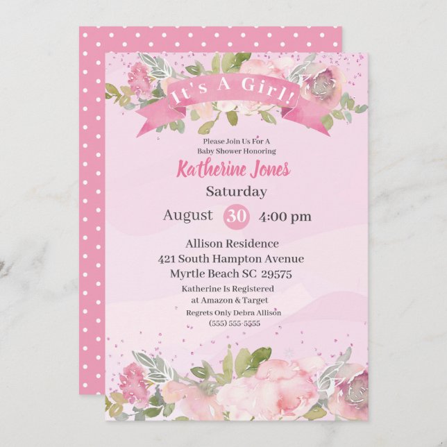 Elegante Watercolor Rosa Blush Bloral Baby Dusche Einladung (Vorne/Hinten)