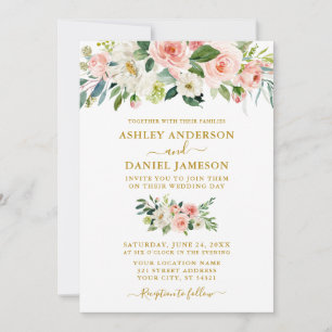 Elegante Watercolor Rosa Blush Bloral Gold Hochzei Einladung