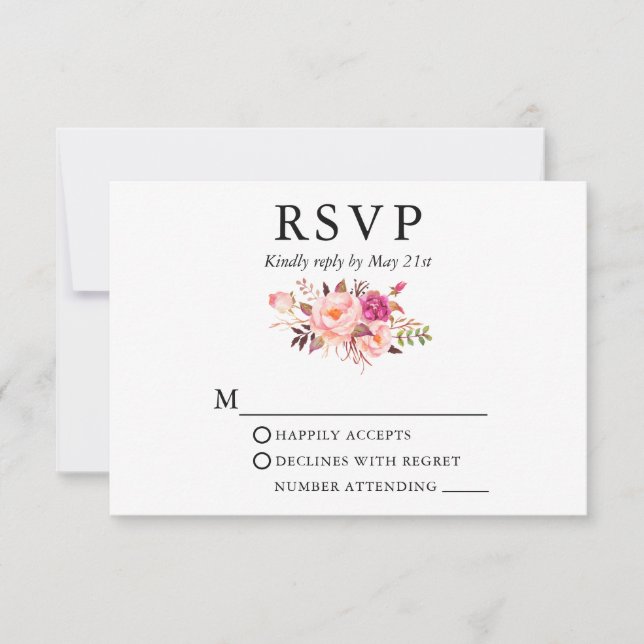 Elegante Watercolor Rosa Blütenhochzeit RSVP Karte (Vorderseite)
