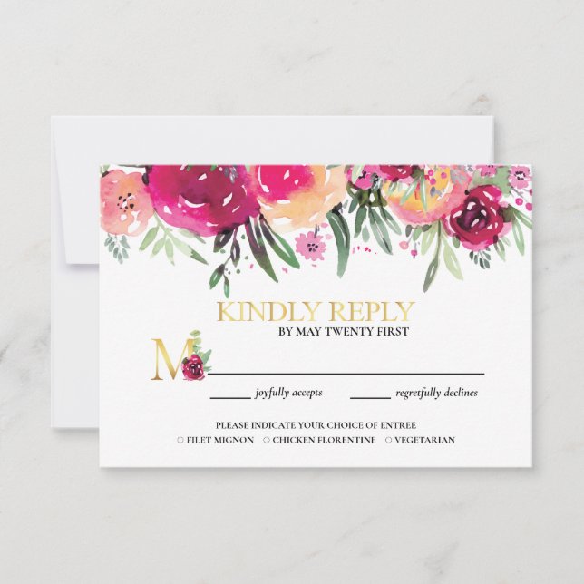 Elegante Watercolor Rosa Hochzeitsmahlzeit RSVP Karte (Vorderseite)