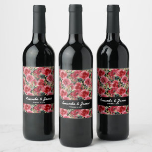 Elegante Watercolor Rote Blume Schwarze Hochzeit Weinetikett