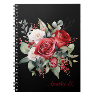 Elegante Watercolor Rote Rose Bouquet Black Notebo Notizblock