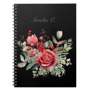 Elegante Watercolor Rote Rose Bouquet Black Notebo Notizblock