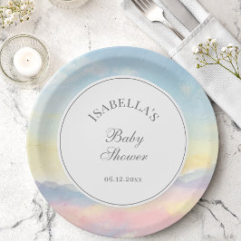 Elegante Watercolor Sky and Clouds Baby Shower Pappteller