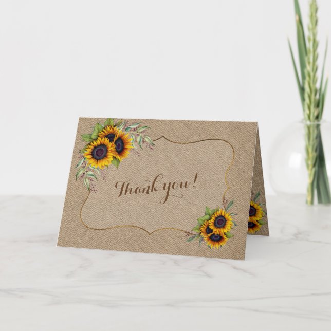 Elegante Watercolor Sonnenblumen Burlap Wedding Dankeskarte (Vorderseite)