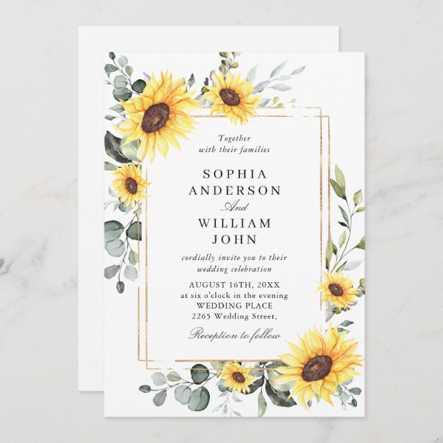 Elegante Watercolor Sonnenblumen Eukalyptus Weddin Einladung (Vorne/Hinten)