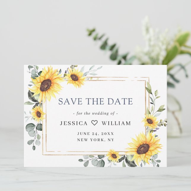 Elegante Watercolor Sonnenblumen Eukalyptus Weddin Save The Date (Stehend Vorderseite)