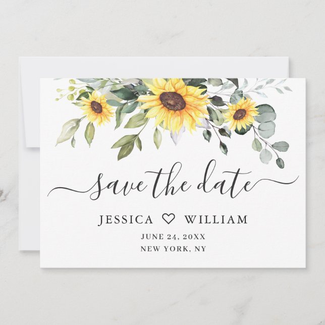 Elegante Watercolor Sonnenblumen Eukalyptus Weddin Save The Date (Vorderseite)