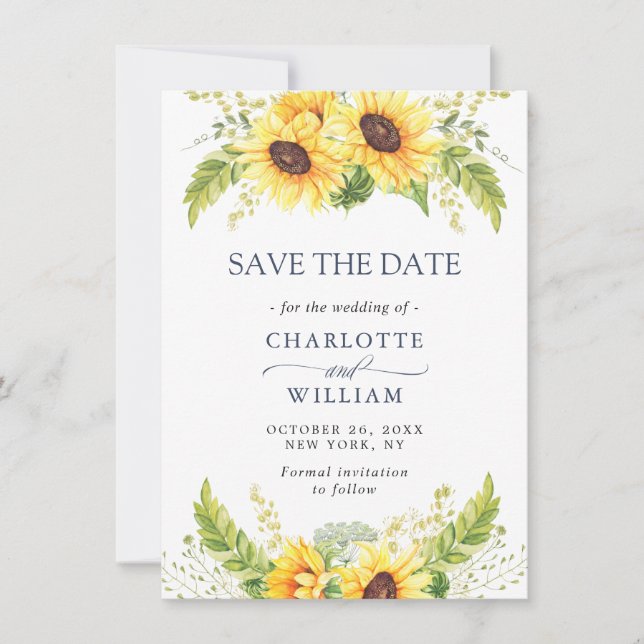 Elegante Watercolor Sonnenblumen Eukalyptus Weddin Save The Date (Vorderseite)