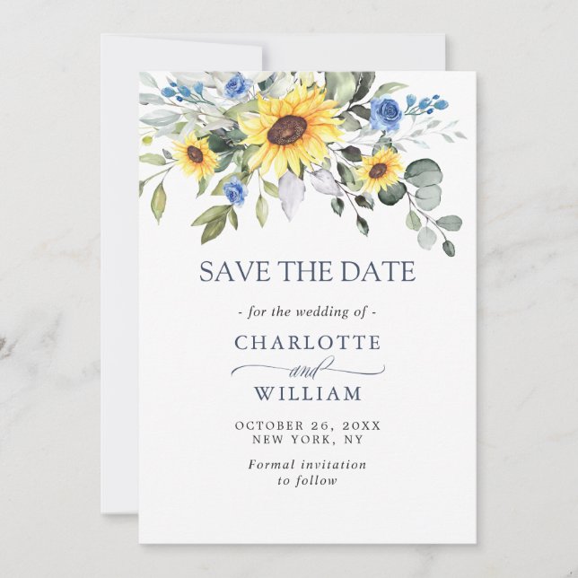 Elegante Watercolor Sonnenblumen Eukalyptus Weddin Save The Date (Vorderseite)