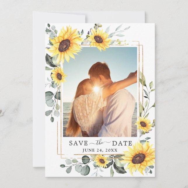 Elegante Watercolor Sonnenblumen Eukalyptus Weddin Save The Date (Vorderseite)