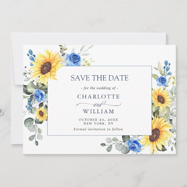 Elegante Watercolor Sonnenblumen Eukalyptus Weddin Save The Date (Vorderseite)