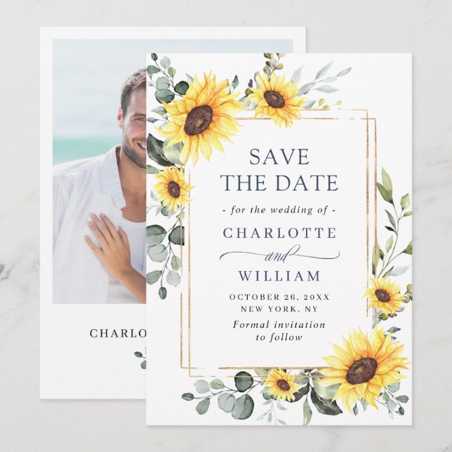Elegante Watercolor Sonnenblumen Eukalyptus Weddin Save The Date (Vorne/Hinten)