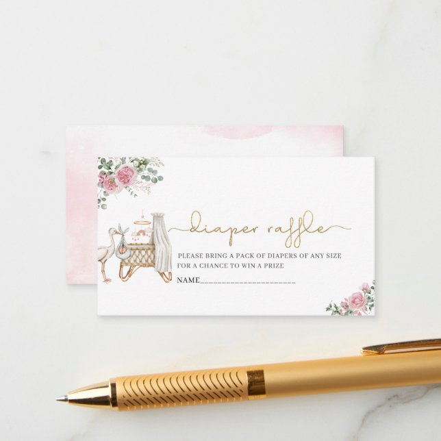 Elegante Watercolor Stork Baby Babydusche dia Begleitkarte (Vorderseite/Rückseite Beispiel)