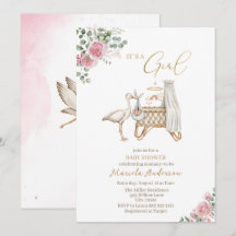 Elegante Watercolor Stork Baby Girl Baby Shower