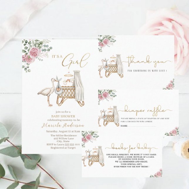 Elegante Watercolor Stork Baby Girl Baby Shower Einladung (Von Creator hochgeladen)