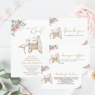 Elegante Watercolor Stork Baby Girl Baby Shower Einladung