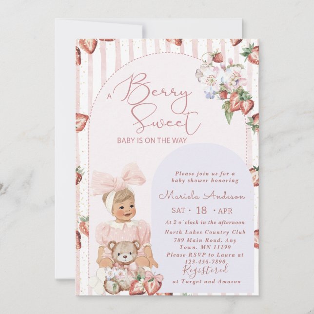 Elegante Watercolor Strawberry Girl Baby Shower Einladung (Vorderseite)