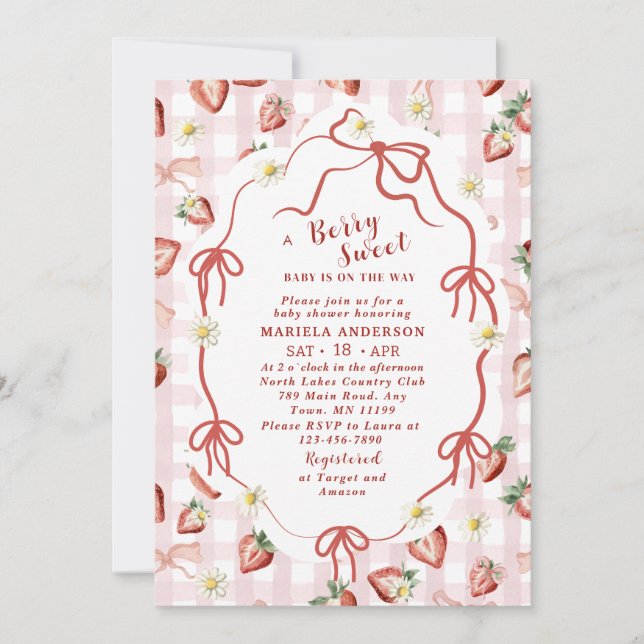 Elegante Watercolor Strawberry Girl Babydusche in Einladung (Vorderseite)