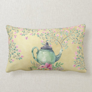 Elegante Watercolor-Teekanne und Blumen-Gold Lendenkissen