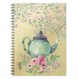 Elegante Watercolor-Teekanne und Blumen-Gold Notizblock