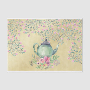 Elegante Watercolor-Teekanne und Blumen-Gold Seidenpapier
