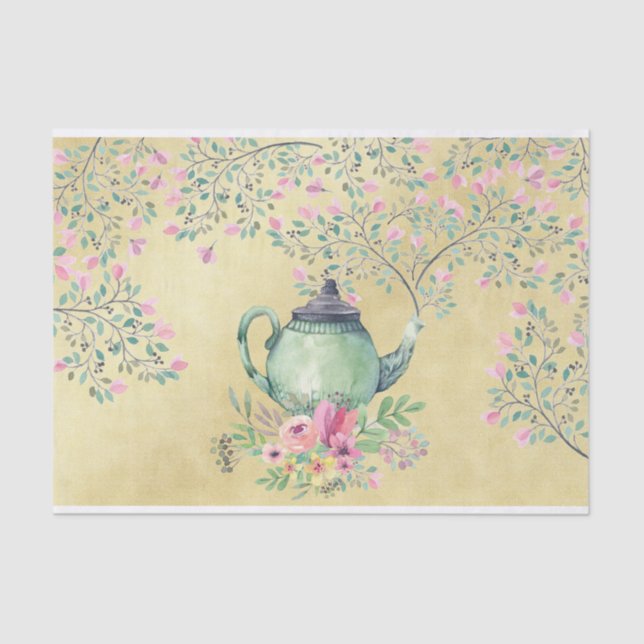 Elegante Watercolor-Teekanne und Blumen-Gold Seidenpapier (Vorderseite)