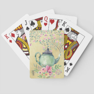 Elegante Watercolor-Teekanne und Blumen-Gold Spielkarten