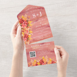 Elegante Watercolor Terracotta Floral Wedding RSVP All In One Einladung
