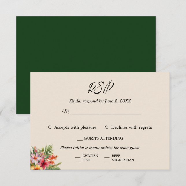 Elegante Watercolor Tropische Hochzeit RSVP Karte (Vorne/Hinten)