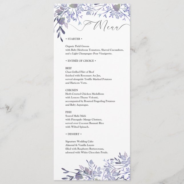 Elegante Watercolor Wedding Menu Card Programm (Vorderseite)