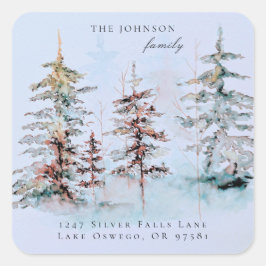 Elegante Watercolor Weihnachten Pine Rücksendeadre Quadratischer Aufkleber