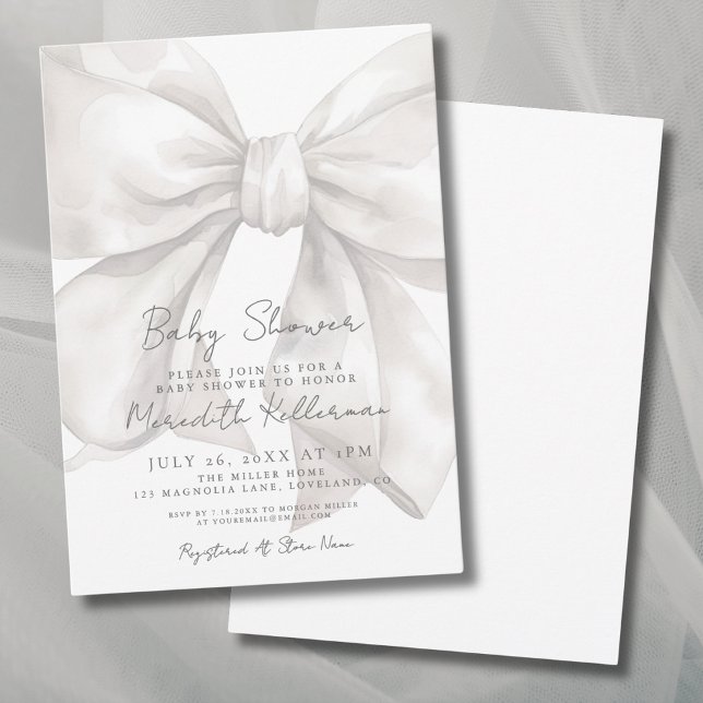 Elegante Watercolor White Bow Baby Dusche Einladung (Elegant Watercolor White Bow Baby Shower Invitation)