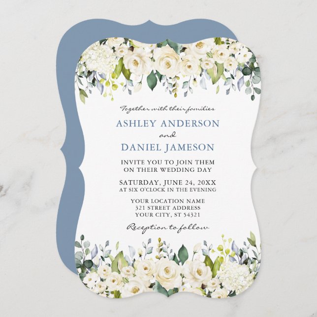Elegante Watercolor White Floral Dusty Blue Weddin Einladung (Vorne/Hinten)