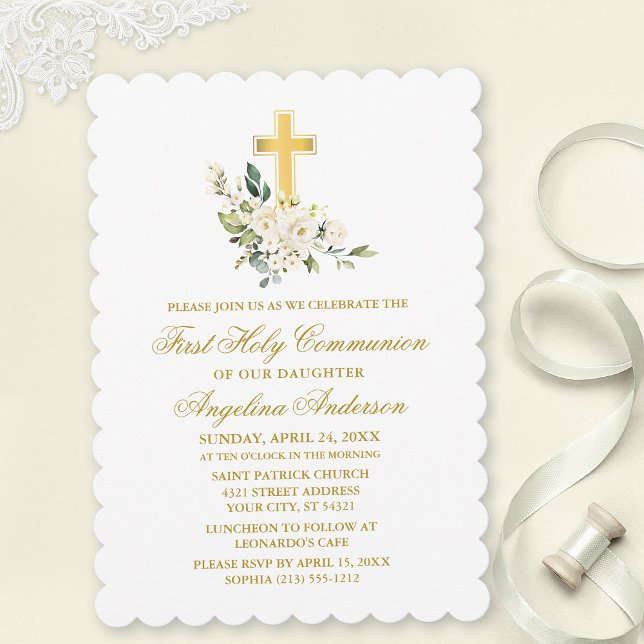 Elegante Watercolor White Floral Gold Communion Einladung (Customize to change text color, size, style or to add photos or more text to back of card.)